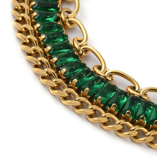 Ατσάλινο τρίσειρο βραχιόλι με σμαραγδί στρας