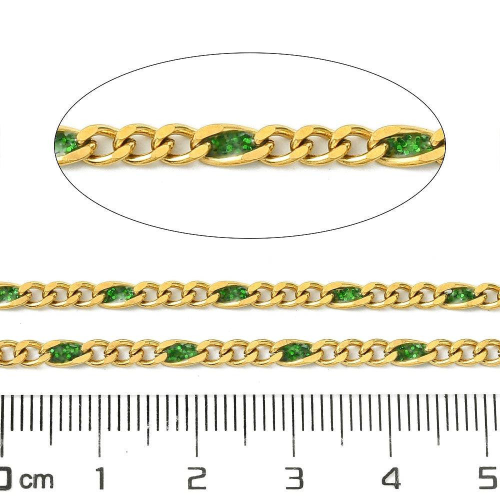 Aτσάλινη Αλυσίδα με πράσινο γκλίττερ σμάλτο