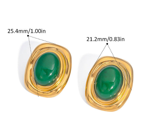 Καρφωτά ατσάλινα σκουλαρίκια με πέτρα πράσινου όνυχα