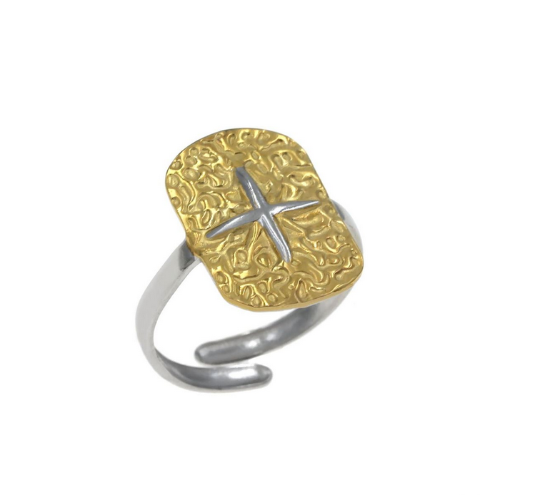 Ατσάλινο δίχρωμο δαχτυλίδι με σταυρό